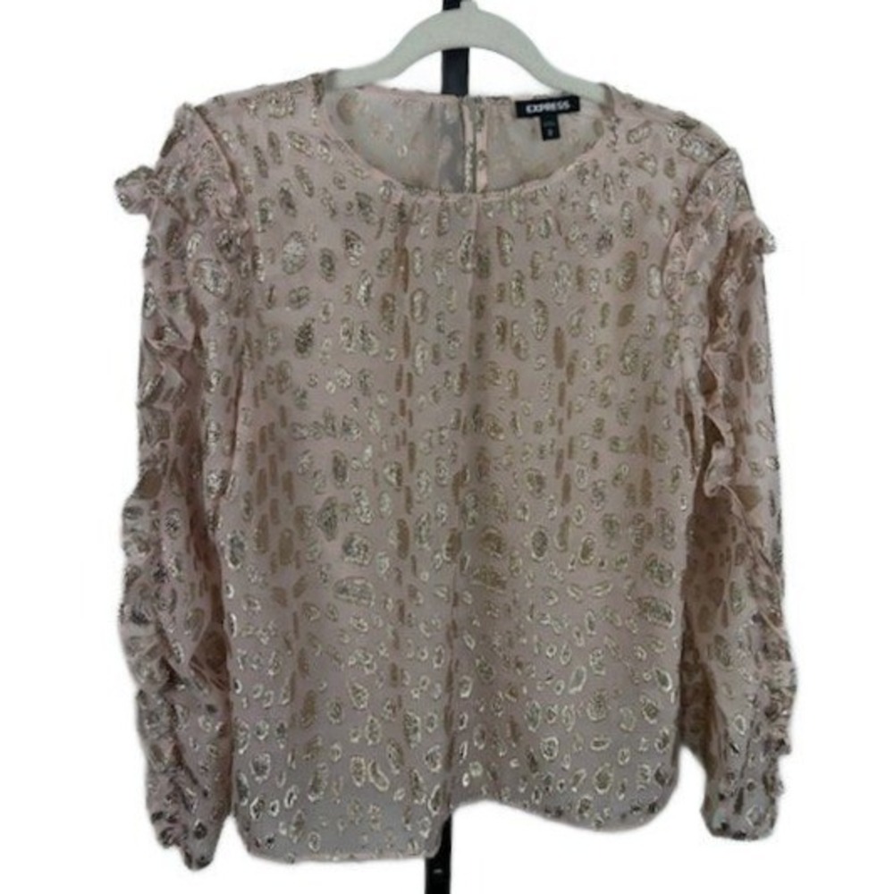 Y2K Express Pink Gold Metallic Leopard Ruffle Blouse Top Size Medium Party